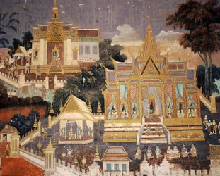 Muurschildering van het Koninklijk Paleis, Phnom Penh, Cambodja, binnen de Zilveren Pagode